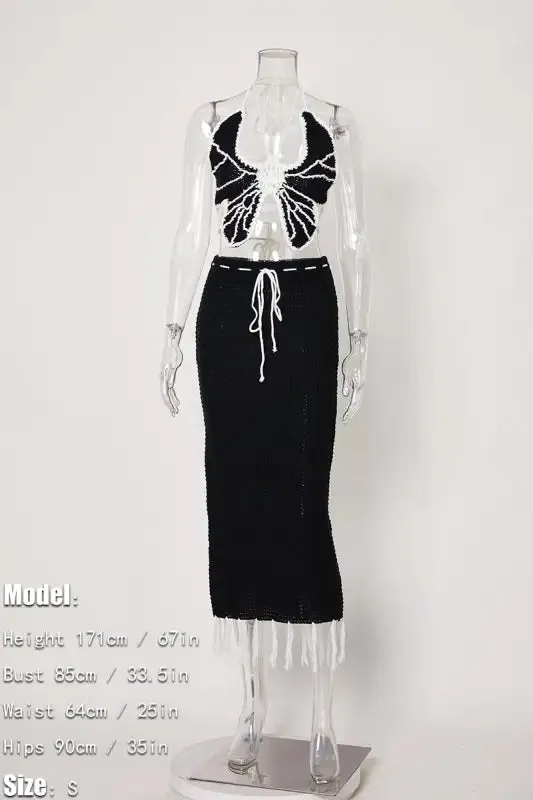 Butterfly Tassel High Waist Crochet Maxi Skirt Set