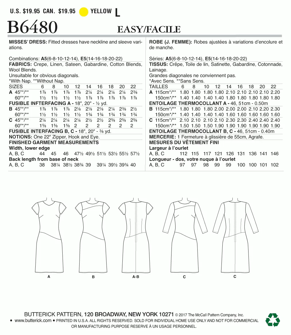 Butterick Pattern B6480 Misses' Fitted Dresses with Hip Detail, Neck and Sleeve Variations