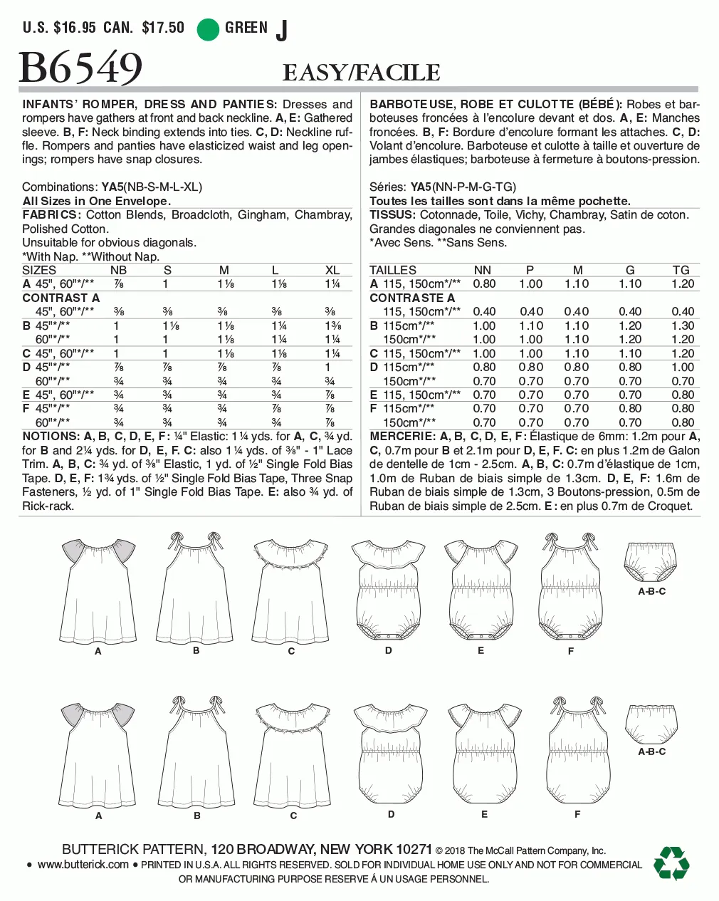 Butterick Pattern B6549 Infants Romper, Dress and Panties