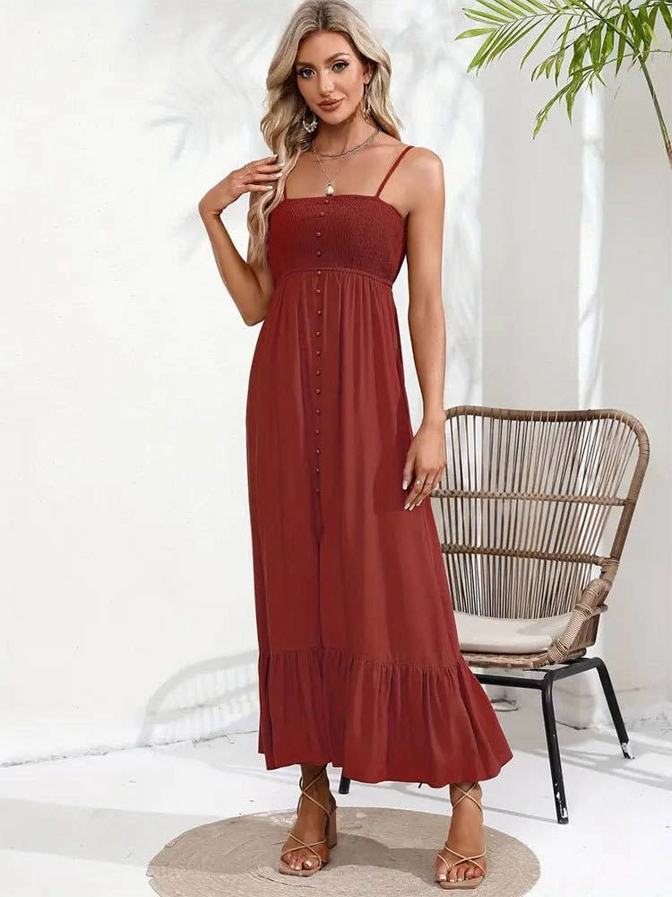 BUTTONS ADORN A SLIT HALTER DRESS_CWDMD1719