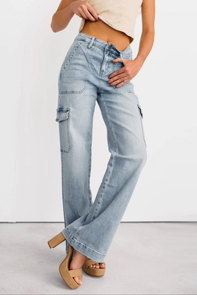 Callum Wide Leg Cargo Mica Denim Jeans (Light) Callum Wide Leg Cargo Mica Denim Jeans (Light)