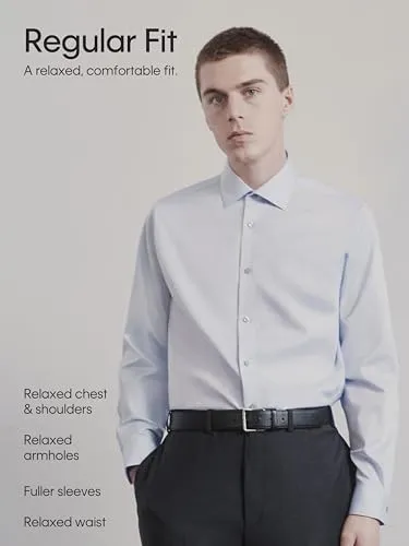 Calvin Klein Men's Regular Fit Non Iron Herringbone Spread Collar Dress Shirt, White/Blue, 16.5" Neck 36"-37" Sleeve