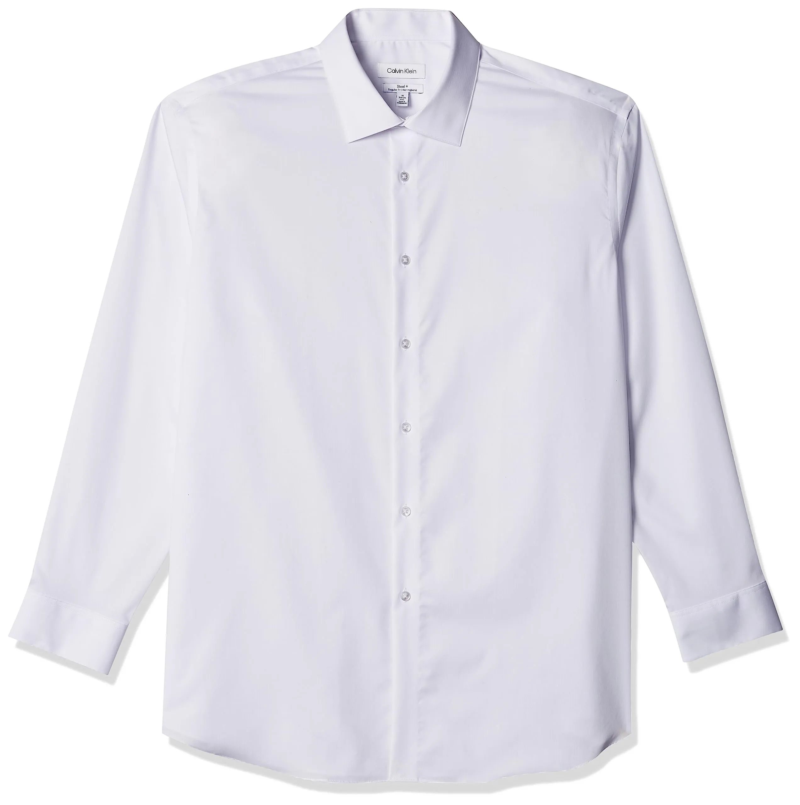 Calvin Klein Men's Regular Fit Non Iron Herringbone Spread Collar Dress Shirt, White/Blue, 16.5" Neck 36"-37" Sleeve