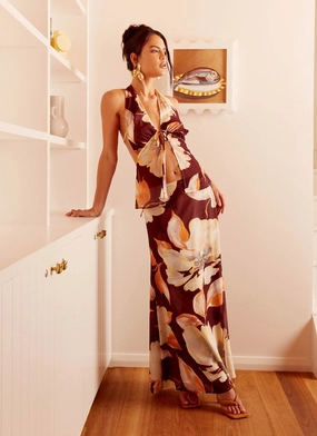 Camellia Halterneck Top - Brown Floral Camellia Halterneck Top - Brown Floral