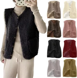 Canbebig Fleece Vest Women Soft Sleeveless Classic Fit Button Down Fuzzy Sherpa Fleece Jacket Cozy Waistcoat Outwear Pockets