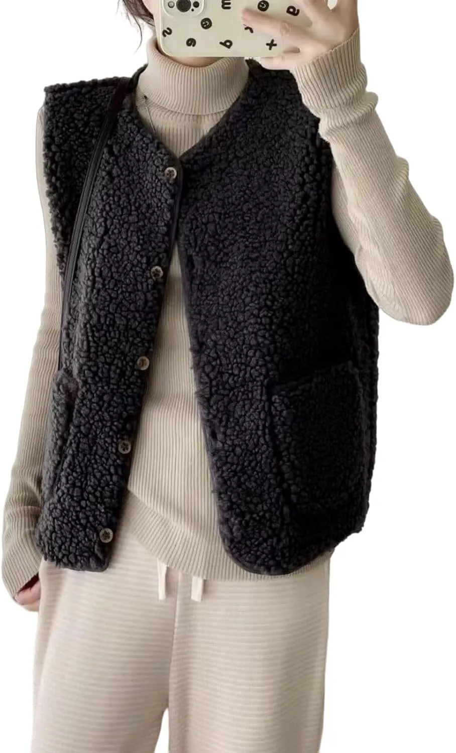 Canbebig Fleece Vest Women Soft Sleeveless Classic Fit Button Down Fuzzy Sherpa Fleece Jacket Cozy Waistcoat Outwear Pockets