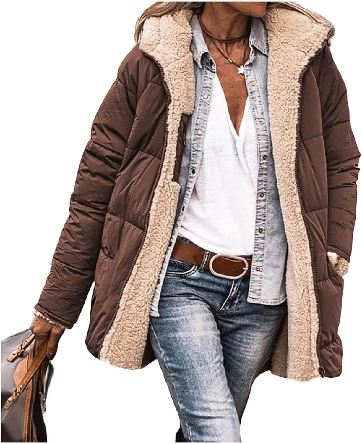 Canbebig Women's Quilted Winter Coats Hooded Fleece Jacket Warm Reversible Sherpa-Lined Jackets Full Zip Puffer Hoodies Coat