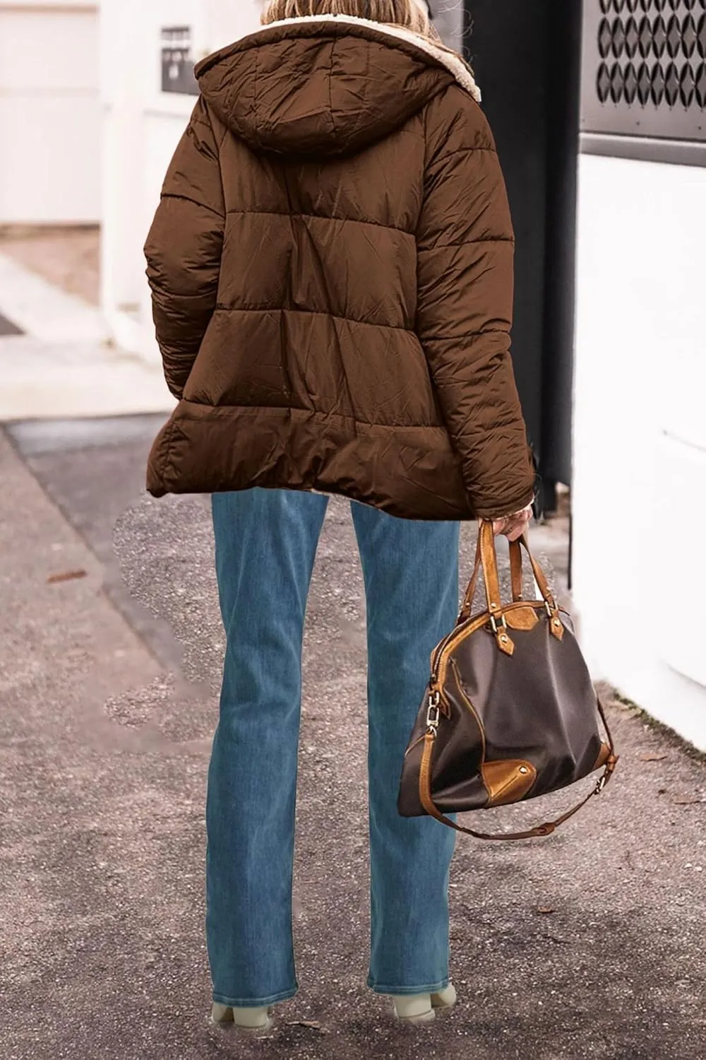 Canbebig Women's Quilted Winter Coats Hooded Fleece Jacket Warm Reversible Sherpa-Lined Jackets Full Zip Puffer Hoodies Coat