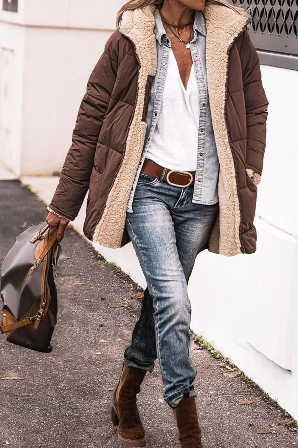 Canbebig Women's Quilted Winter Coats Hooded Fleece Jacket Warm Reversible Sherpa-Lined Jackets Full Zip Puffer Hoodies Coat