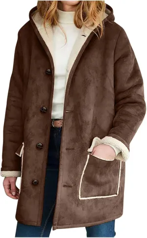 Canbebig Women's Retro Sherpa Lined Suede Leather Longline Coat Winter Warm Hooded Fleece Jacket Outerwear Overcoat Pockets