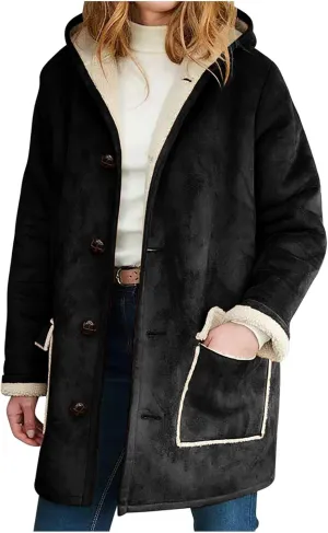 Canbebig Women's Retro Sherpa Lined Suede Leather Longline Coat Winter Warm Hooded Fleece Jacket Outerwear Overcoat Pockets