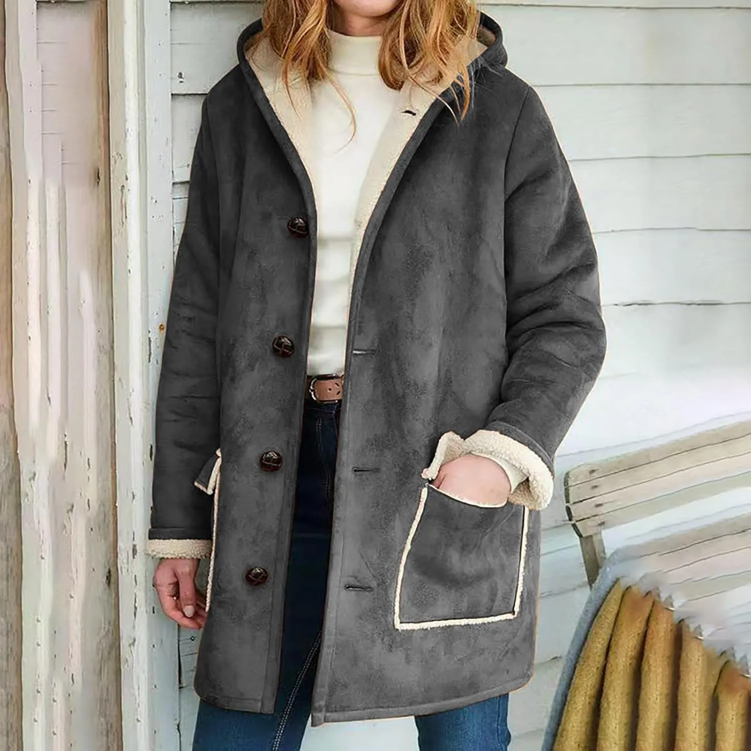 Canbebig Women's Retro Sherpa Lined Suede Leather Longline Coat Winter Warm Hooded Fleece Jacket Outerwear Overcoat Pockets