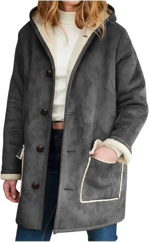 Canbebig Women's Retro Sherpa Lined Suede Leather Longline Coat Winter Warm Hooded Fleece Jacket Outerwear Overcoat Pockets