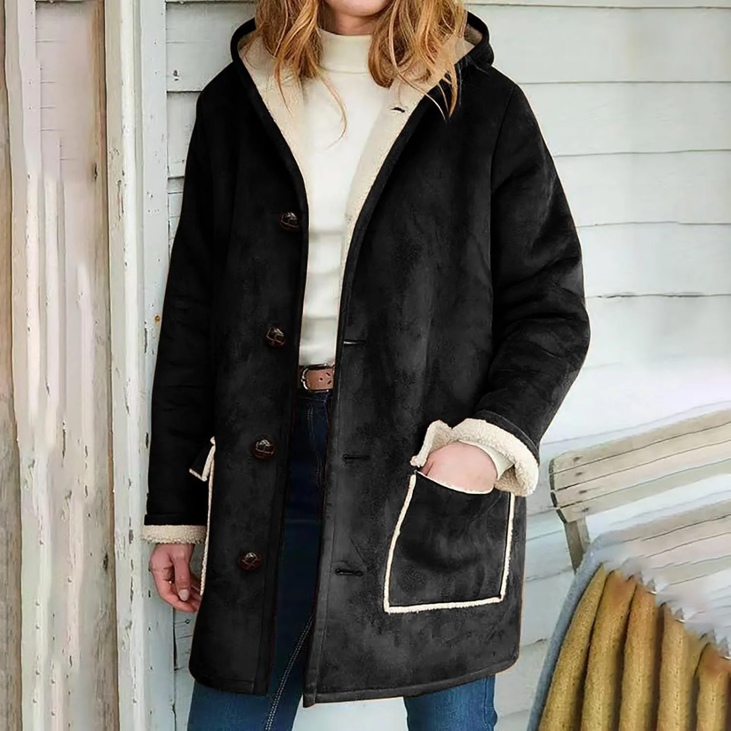 Canbebig Women's Retro Sherpa Lined Suede Leather Longline Coat Winter Warm Hooded Fleece Jacket Outerwear Overcoat Pockets