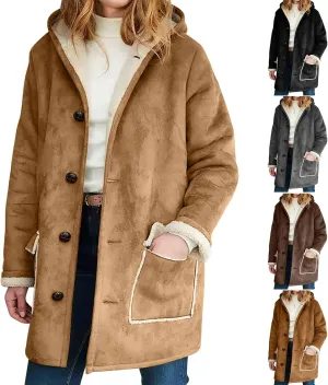 Canbebig Women's Retro Sherpa Lined Suede Leather Longline Coat Winter Warm Hooded Fleece Jacket Outerwear Overcoat Pockets