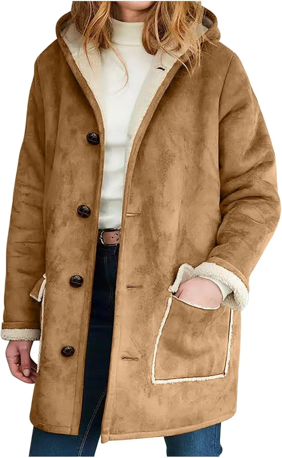 Canbebig Women's Retro Sherpa Lined Suede Leather Longline Coat Winter Warm Hooded Fleece Jacket Outerwear Overcoat Pockets
