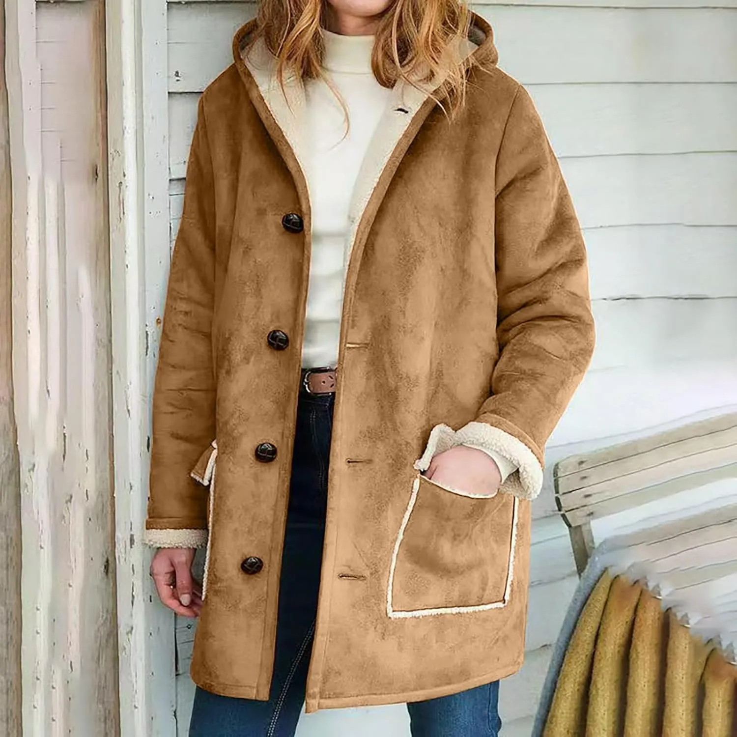 Canbebig Women's Retro Sherpa Lined Suede Leather Longline Coat Winter Warm Hooded Fleece Jacket Outerwear Overcoat Pockets