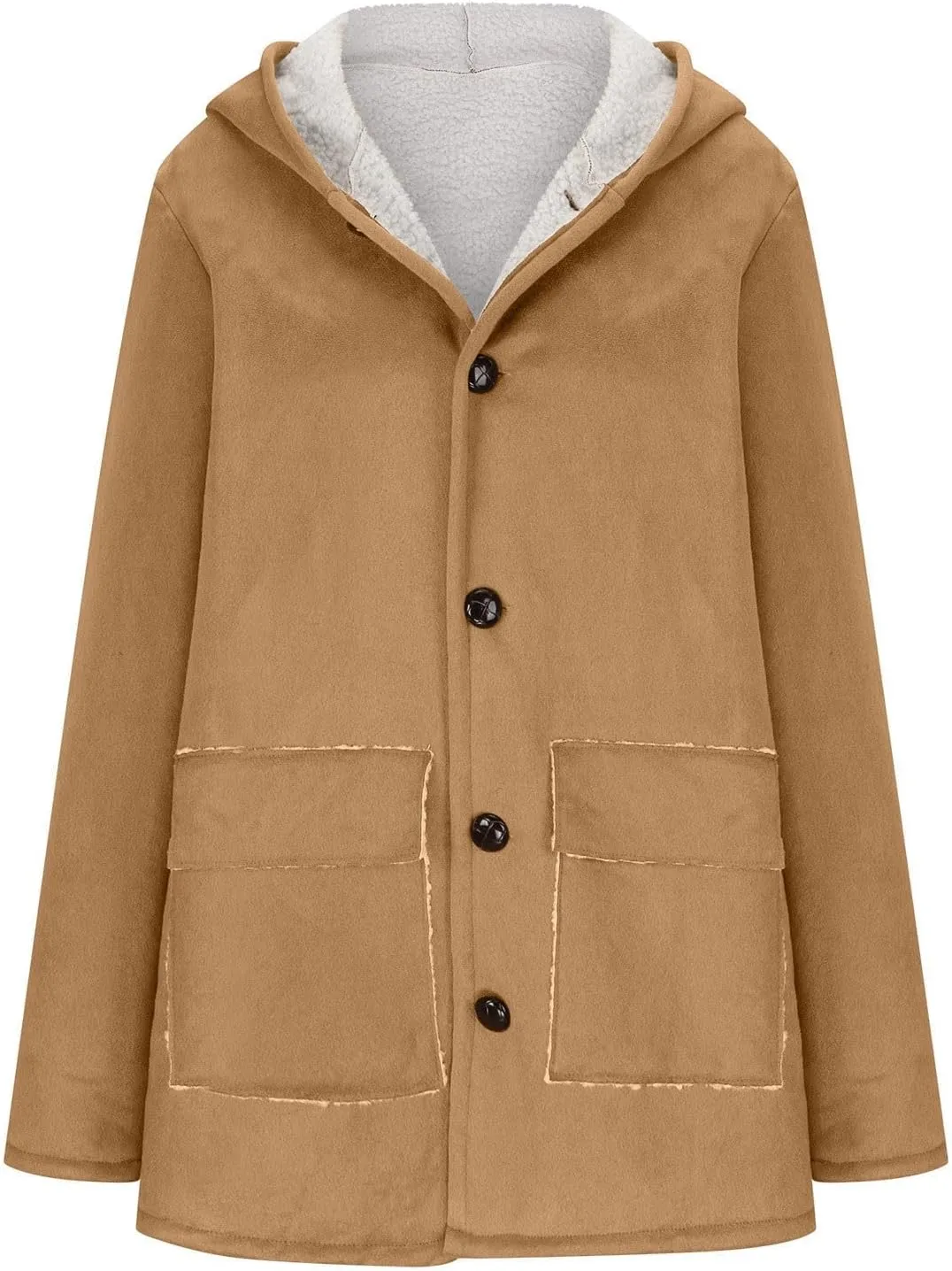 Canbebig Women's Retro Sherpa Lined Suede Leather Longline Coat Winter Warm Hooded Fleece Jacket Outerwear Overcoat Pockets
