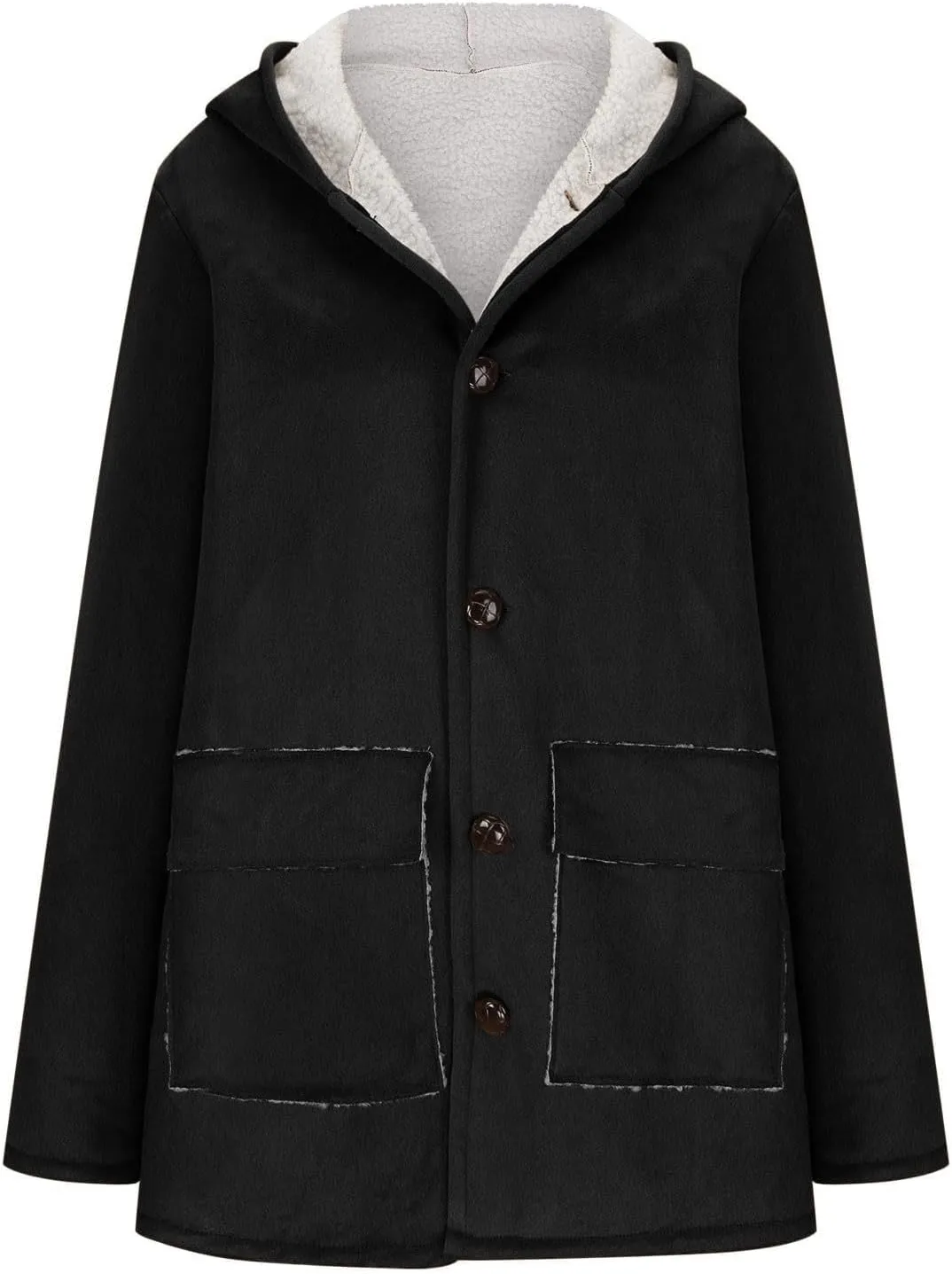 Canbebig Women's Retro Sherpa Lined Suede Leather Longline Coat Winter Warm Hooded Fleece Jacket Outerwear Overcoat Pockets