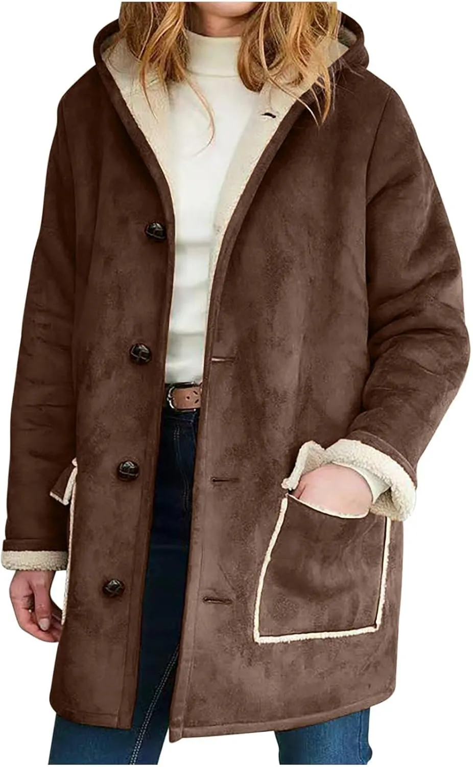 Canbebig Women's Retro Sherpa Lined Suede Leather Longline Coat Winter Warm Hooded Fleece Jacket Outerwear Overcoat Pockets