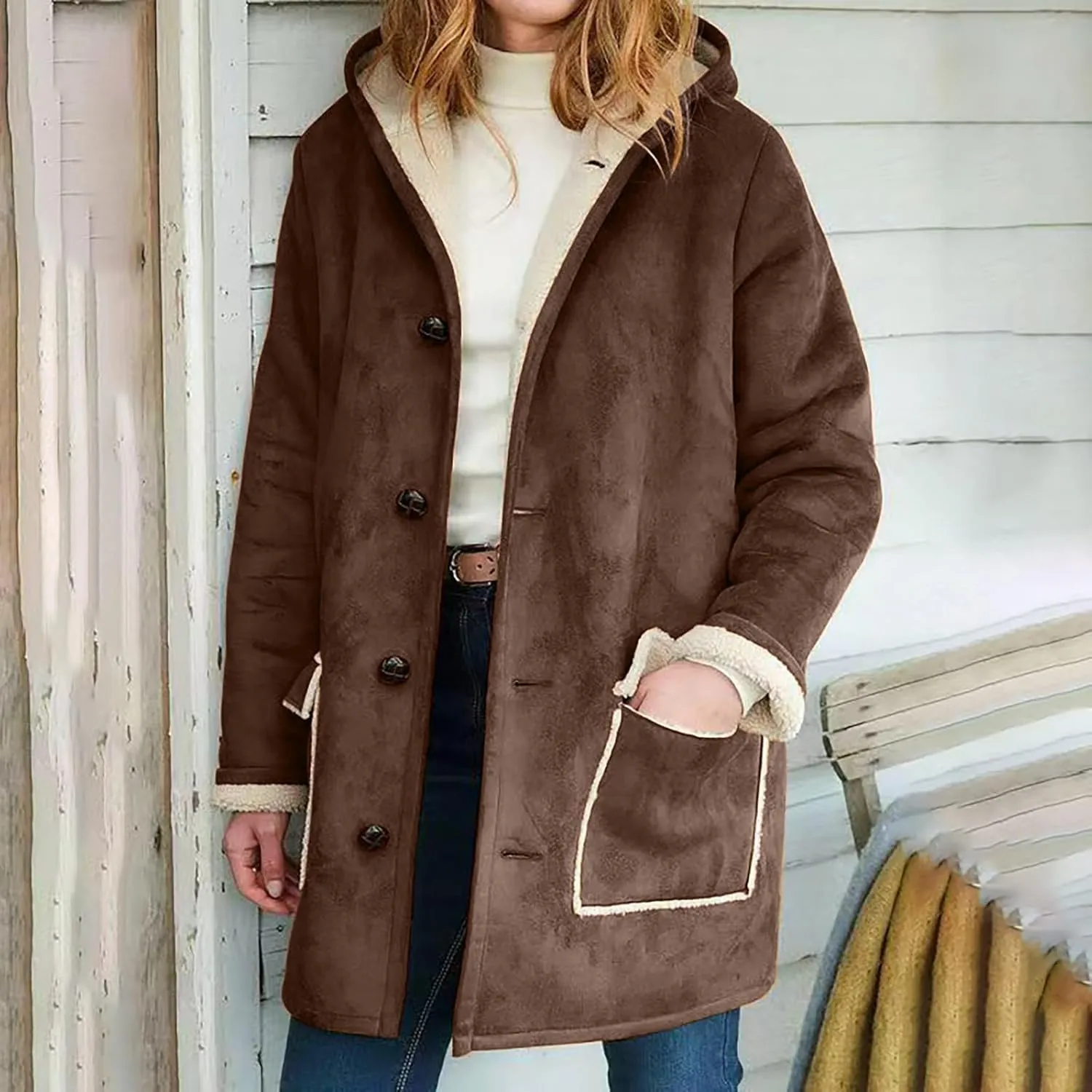 Canbebig Women's Retro Sherpa Lined Suede Leather Longline Coat Winter Warm Hooded Fleece Jacket Outerwear Overcoat Pockets
