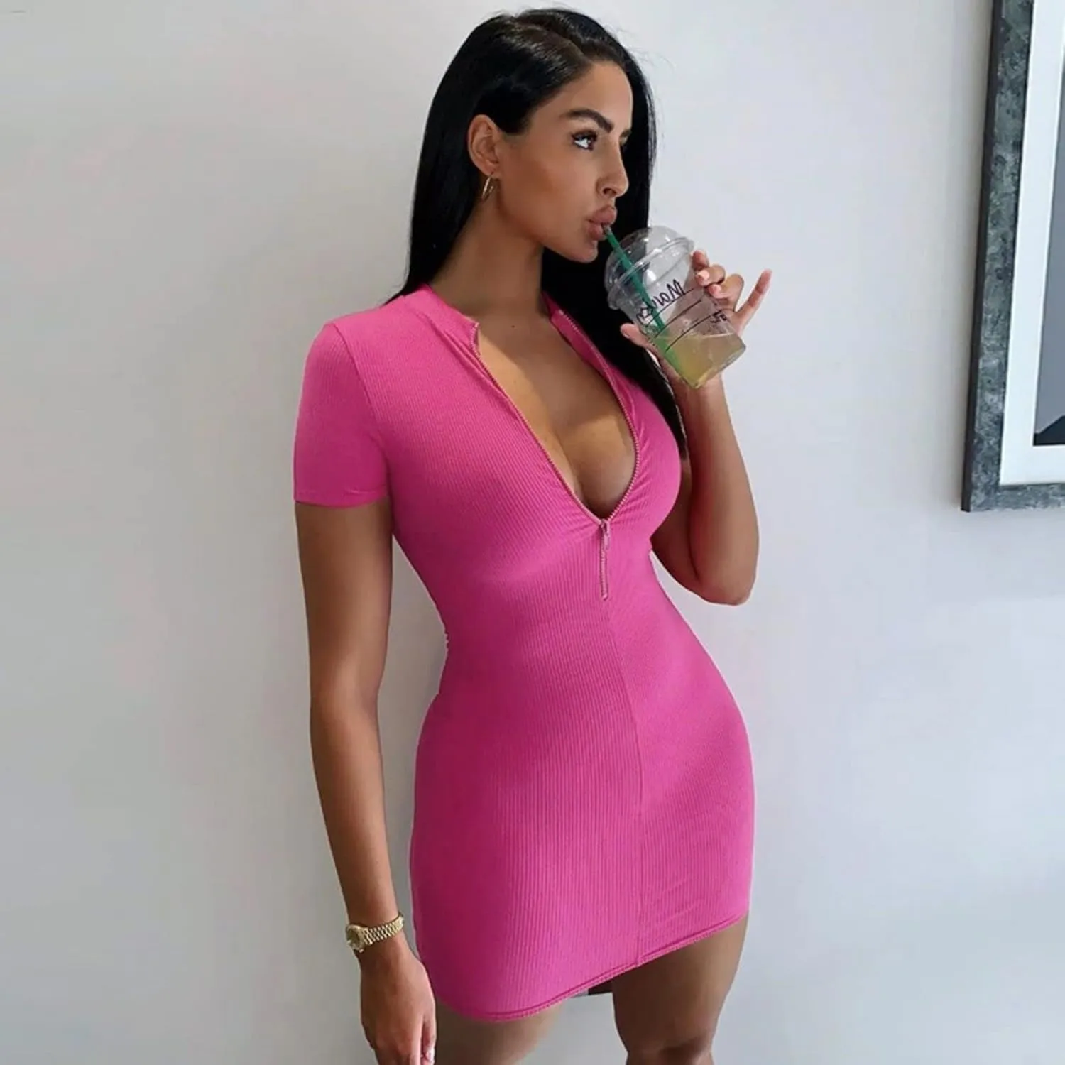 Canbebig Women's Zip Up Front Mock Neck Short Sleeve Bodycon Dress Slim Fit Solid Mini Dress Fitting Sexy Party Short Dress