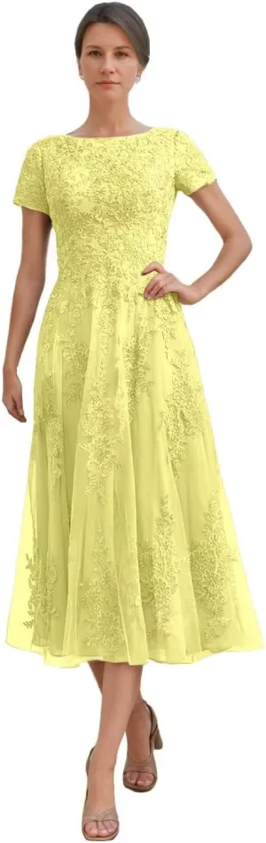 Cap Sleeve Chiffon Mother of The Bride Dresses for Wedding Tea Length Applique Mother of The Groom Dresses for Women