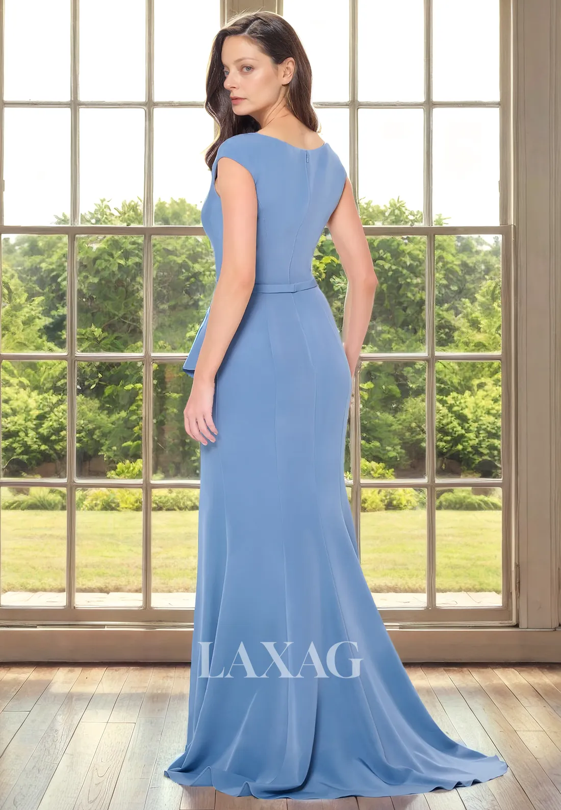 Cap Sleeves Beaded Pleated Sleek Satin Elegant Mother of the Bride Dress with Slit