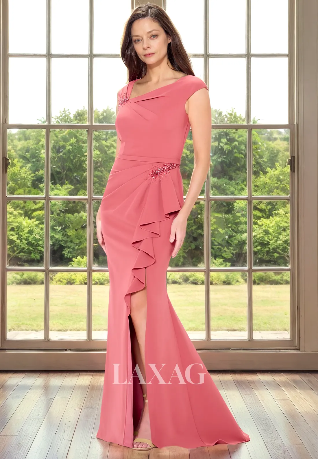 Cap Sleeves Beaded Pleated Sleek Satin Elegant Mother of the Bride Dress with Slit