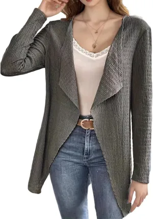 Cardigan for Women Open Front Lightweight Tops Casual Long Sleeve Outerwear Classic Pleated Textured Lapel Coat