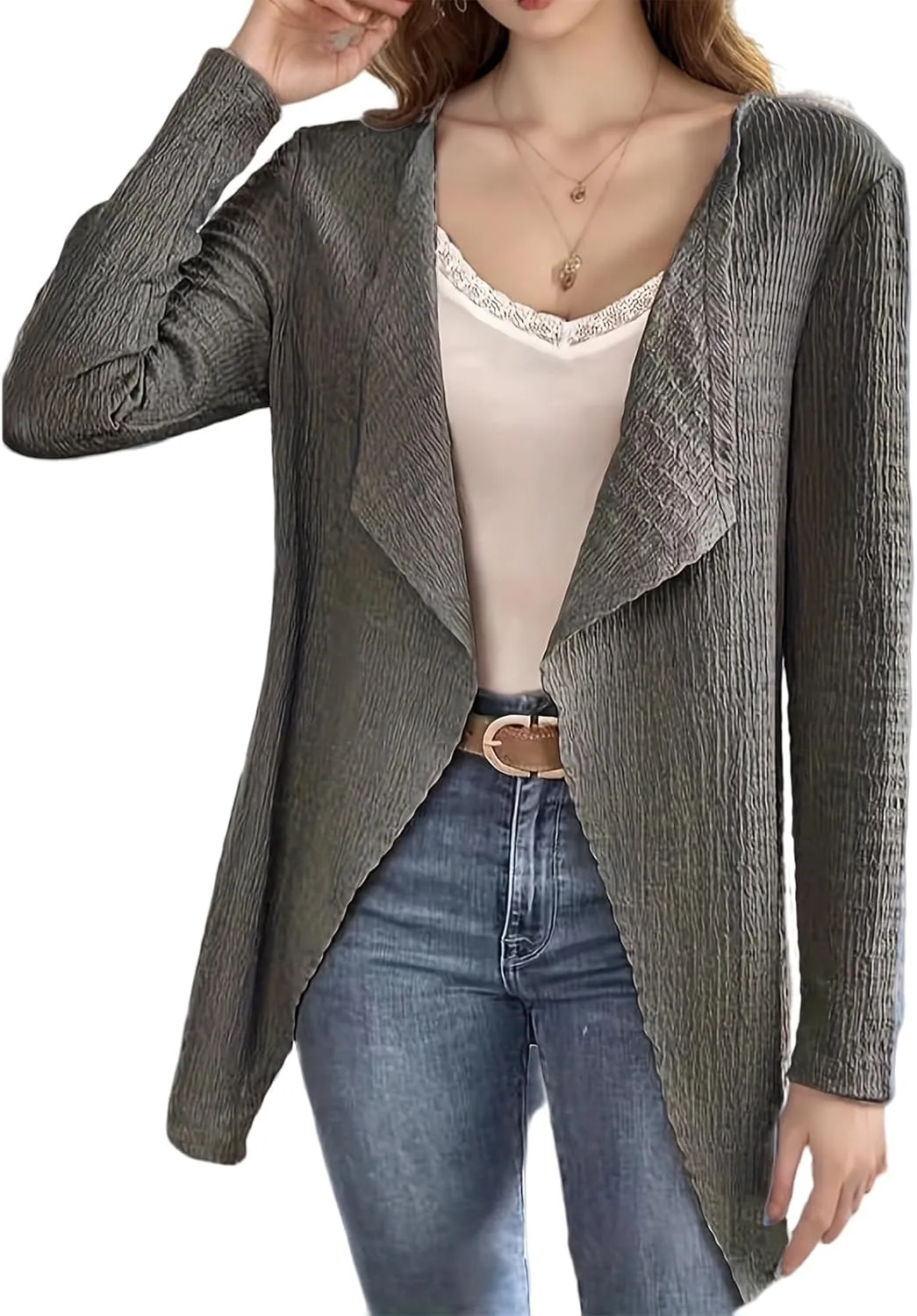 Cardigan for Women Open Front Lightweight Tops Casual Long Sleeve Outerwear Classic Pleated Textured Lapel Coat