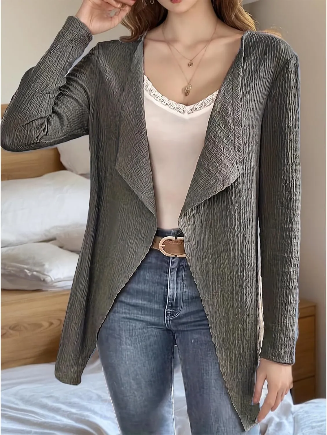 Cardigan for Women Open Front Lightweight Tops Casual Long Sleeve Outerwear Classic Pleated Textured Lapel Coat