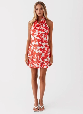 Carmine Bouquet Cowl Neck Mini Dress - Red Floral Carmine Bouquet Cowl Neck Mini Dress - Red Floral