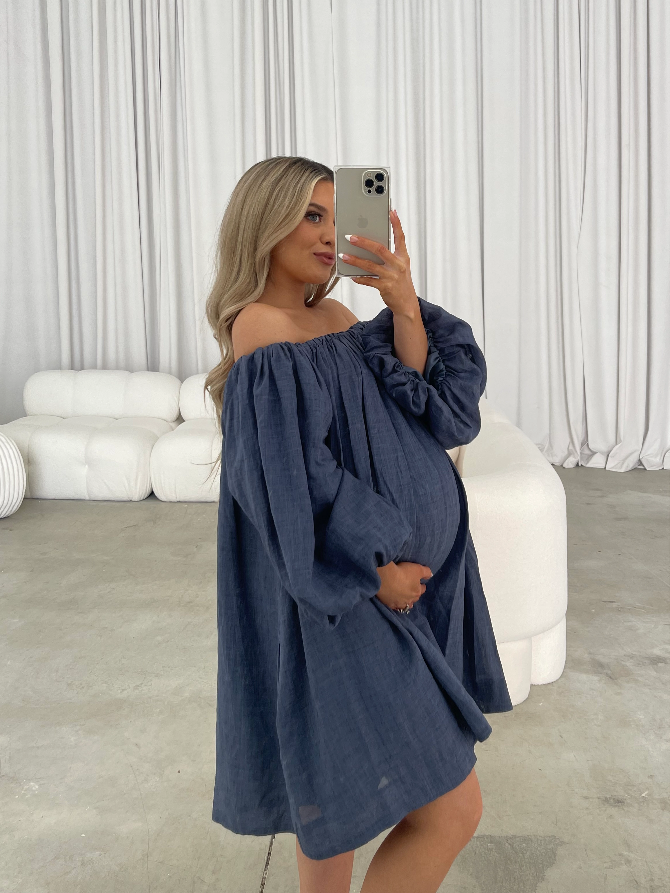 Cassidy 100% Linen On/Off Shoulder Mini Dress in Denim *Final-Sale*