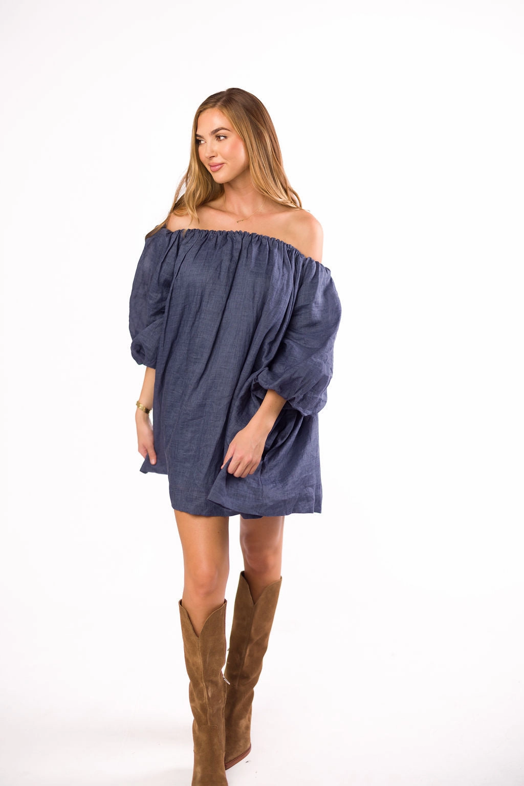 Cassidy 100% Linen On/Off Shoulder Mini Dress in Denim *Final-Sale*