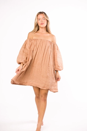 Cassidy 100% Linen On/Off Shoulder Mini Dress in Mocha *Final-Sale* Cassidy 100% Linen On/Off Shoulder Mini Dress in Mocha *Final-Sale*