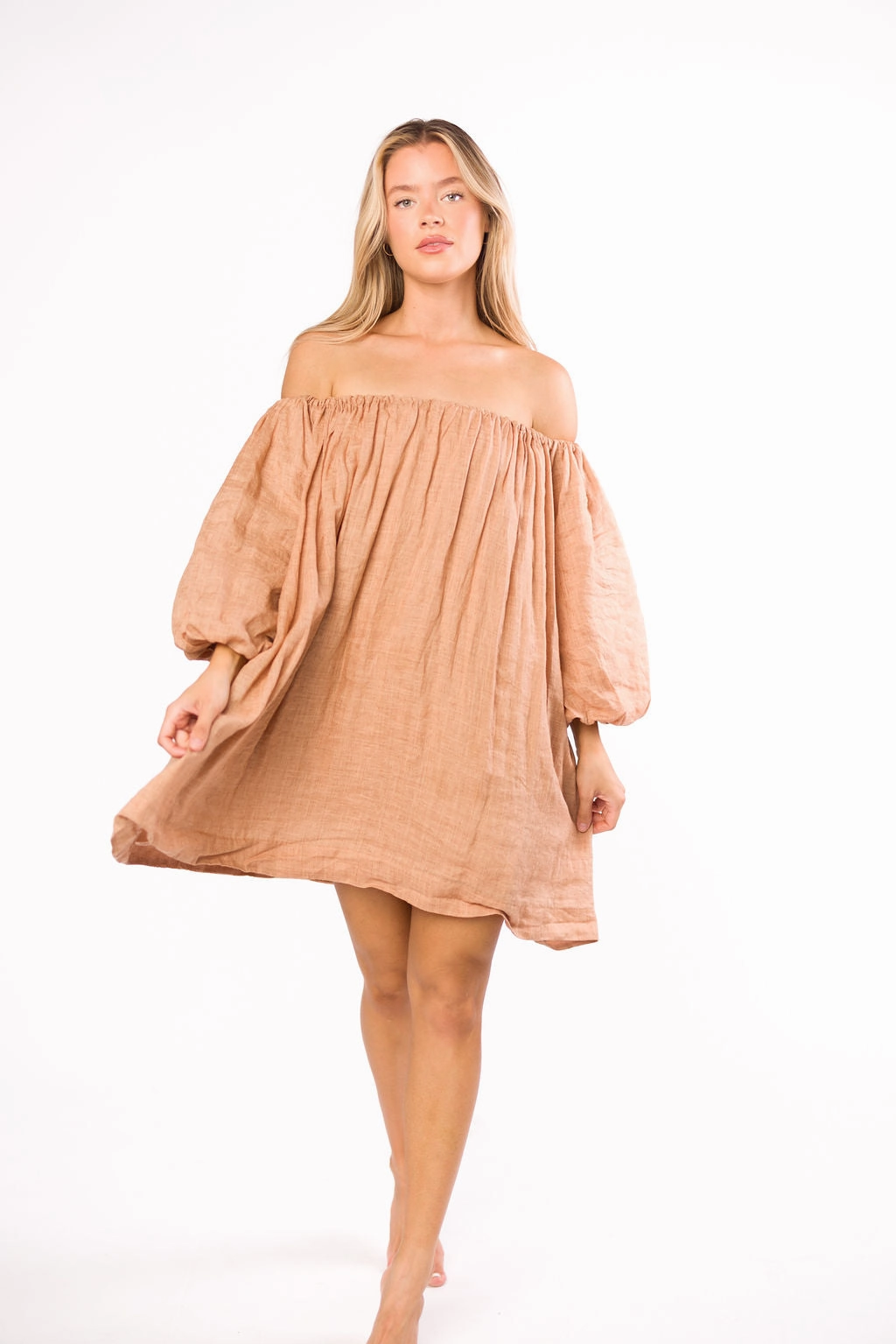 Cassidy 100% Linen On/Off Shoulder Mini Dress in Mocha *Final-Sale*