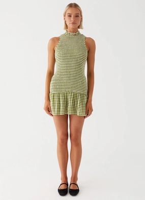 Cassie shirred Mini Dress - Khaki Gingham Cassie shirred Mini Dress - Khaki Gingham