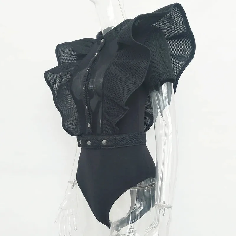 Casual Black Ruffles Hollow Out Short Sleeve Women Bodysuit Top
