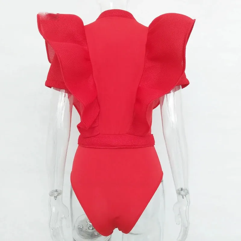 Casual Black Ruffles Hollow Out Short Sleeve Women Bodysuit Top