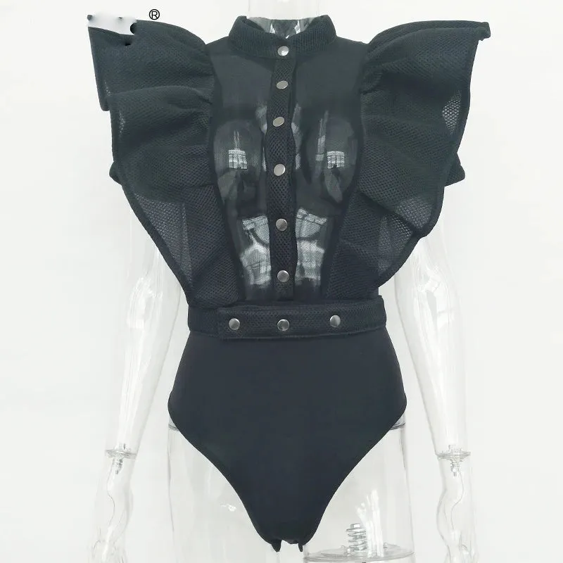 Casual Black Ruffles Hollow Out Short Sleeve Women Bodysuit Top