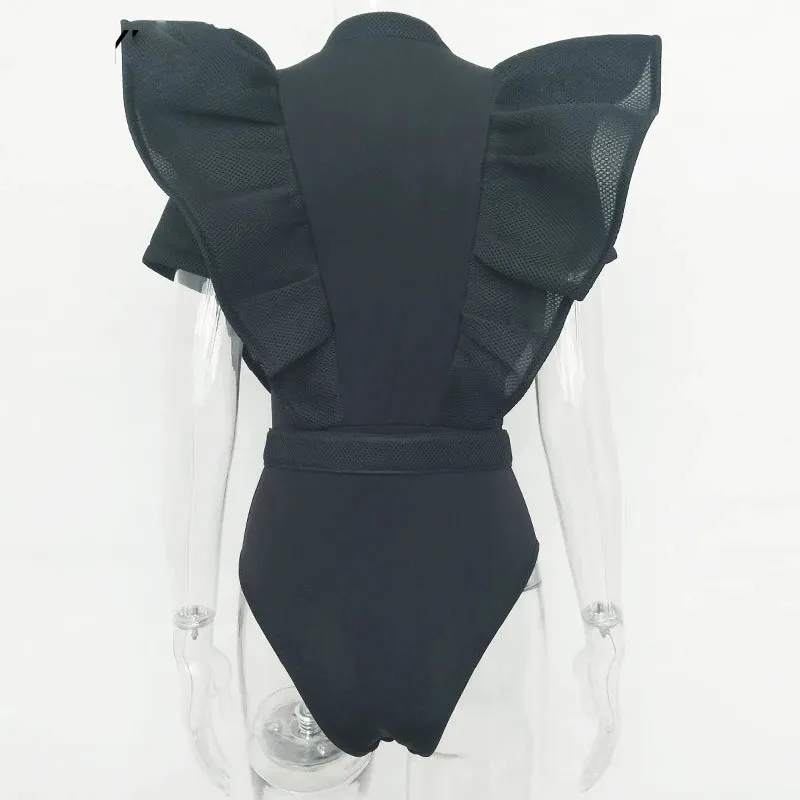 Casual Black Ruffles Hollow Out Short Sleeve Women Bodysuit Top