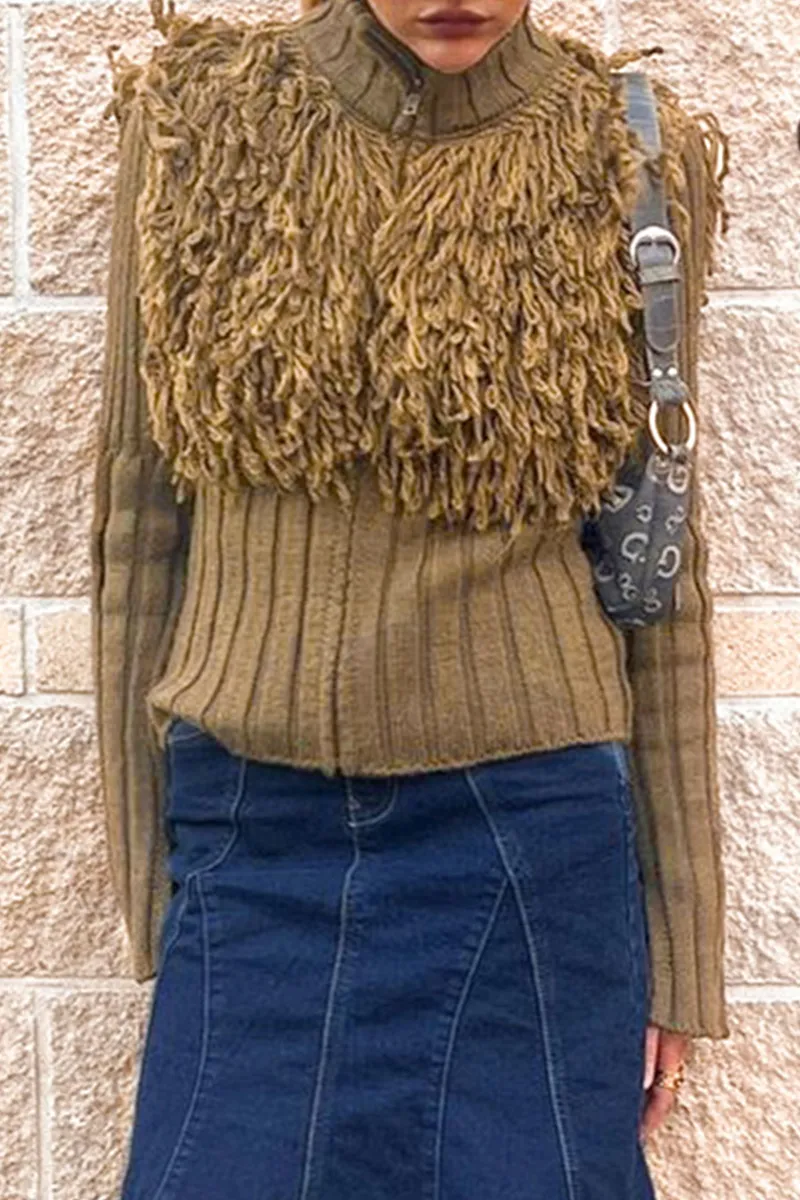 Casual Fringed Trim Zipper Turtleneck Sweaters