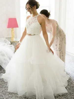 Casual Halter Long Lace Crop Top Tull Skirt Two Piece Wedding Dress Bridal Separates Lace Top