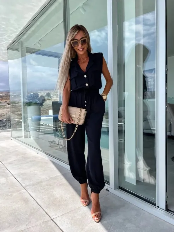 Casual Sleeveless Lapel Button Suit Pocket Elastic Waist Cargo Jumpsuit