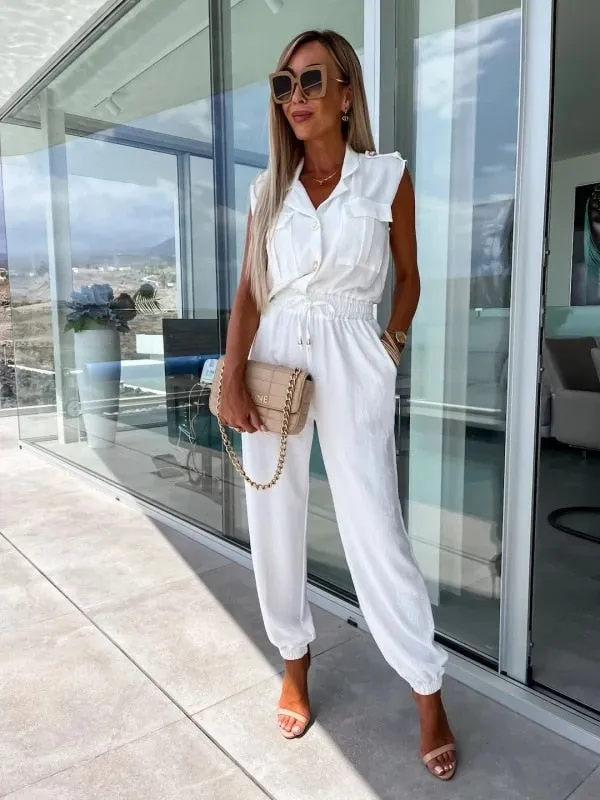 Casual Sleeveless Lapel Button Suit Pocket Elastic Waist Cargo Jumpsuit