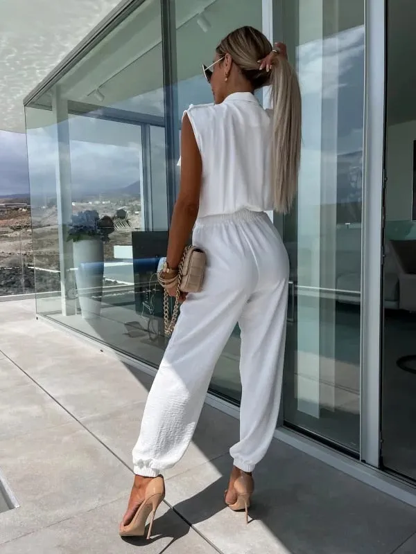 Casual Sleeveless Lapel Button Suit Pocket Elastic Waist Cargo Jumpsuit