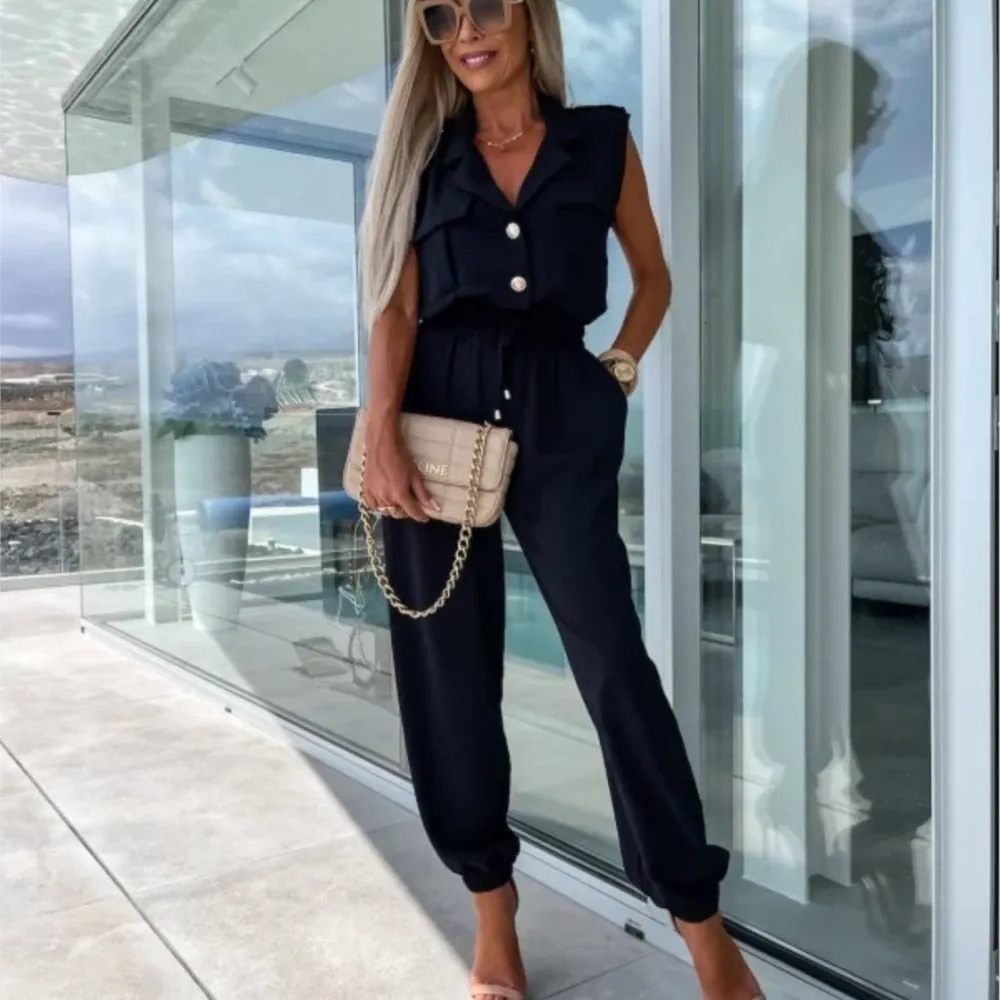 Casual Sleeveless Lapel Button Suit Pocket Elastic Waist Cargo Jumpsuit