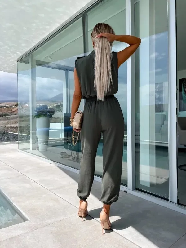 Casual Sleeveless Lapel Button Suit Pocket Elastic Waist Cargo Jumpsuit