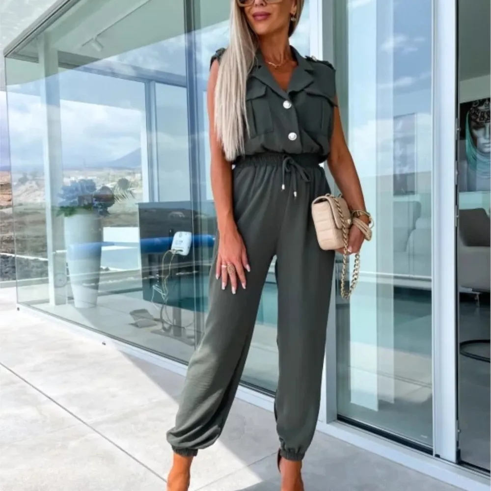 Casual Sleeveless Lapel Button Suit Pocket Elastic Waist Cargo Jumpsuit